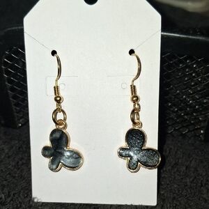 Gold Butterfly Dangle Earrings - Black Inlay